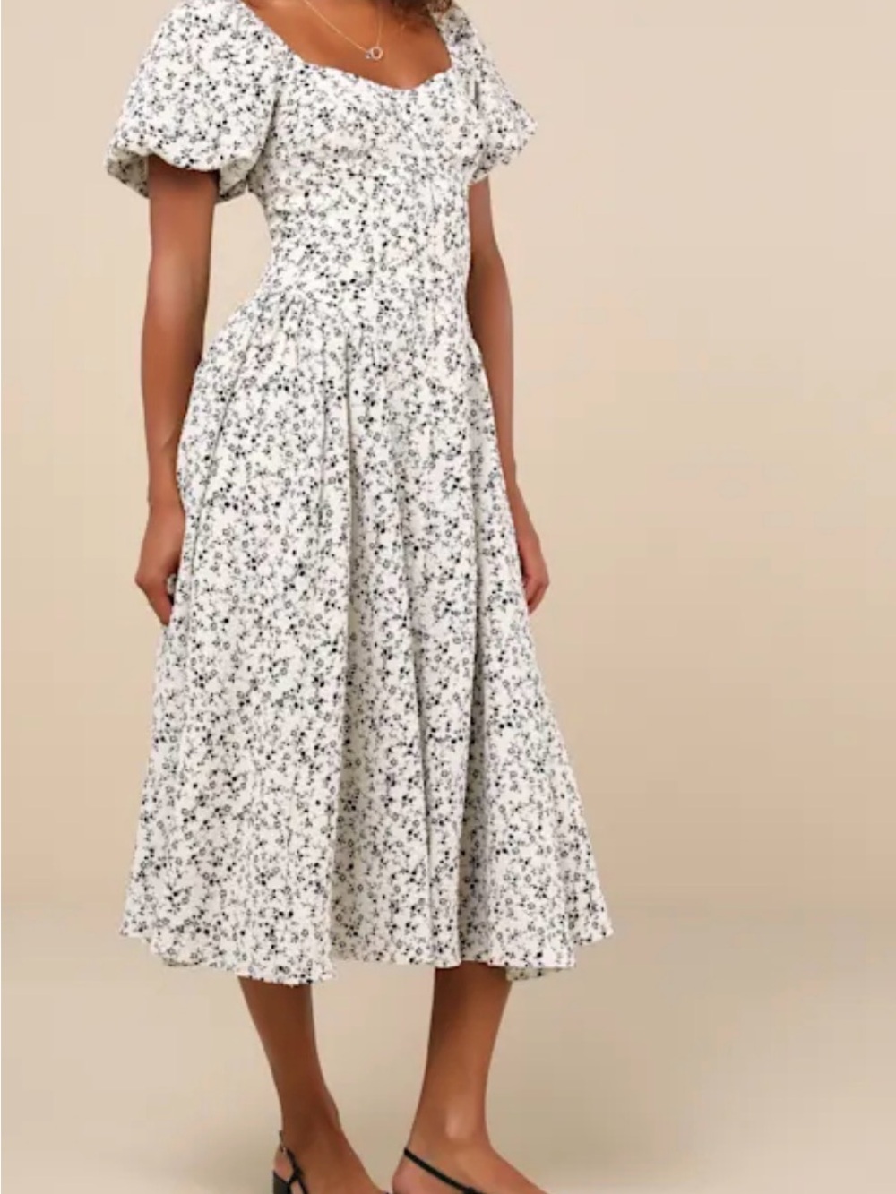 Lulu's Sincerely Captivating Ivory and Black Floral Puff-Sleeve Midi Dress